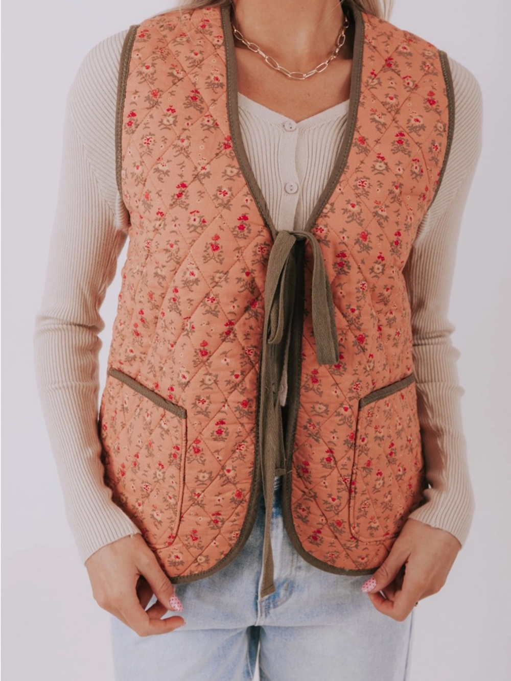 Free People Claudine Quilted Floral Vest In Orange And Olive